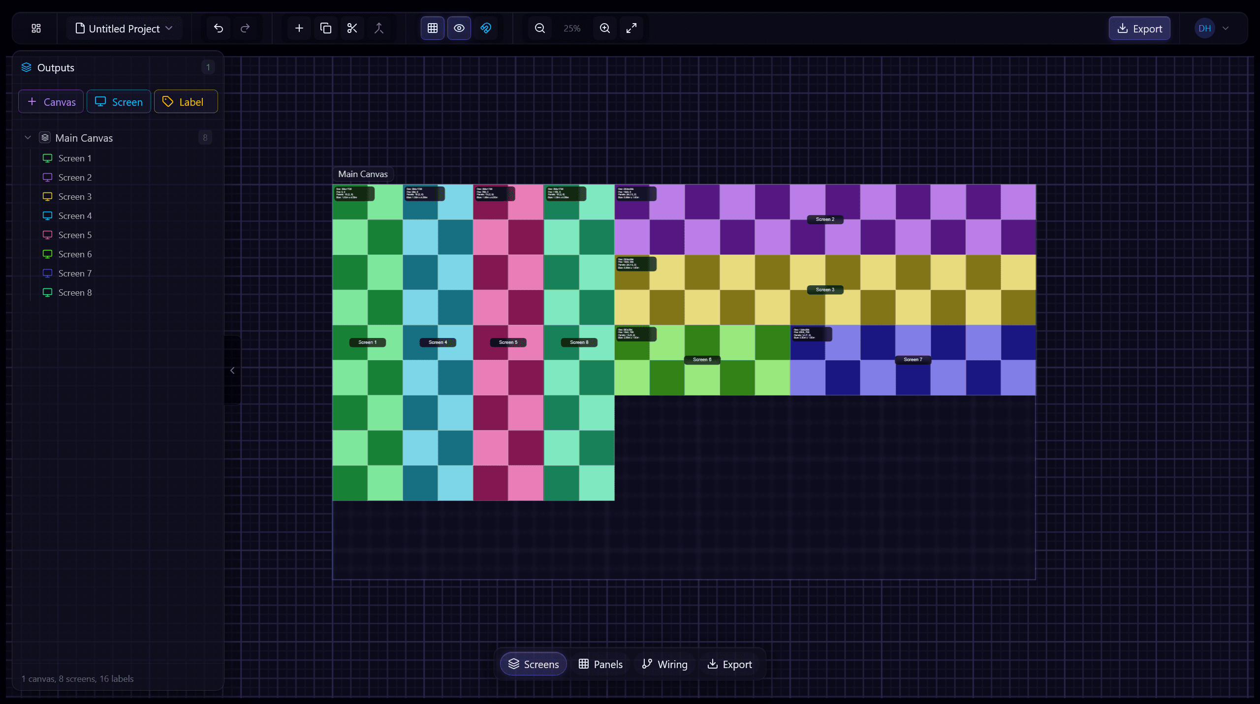 Pixel Planner - full LED wall layout with color-coded screens and multi-canvas support