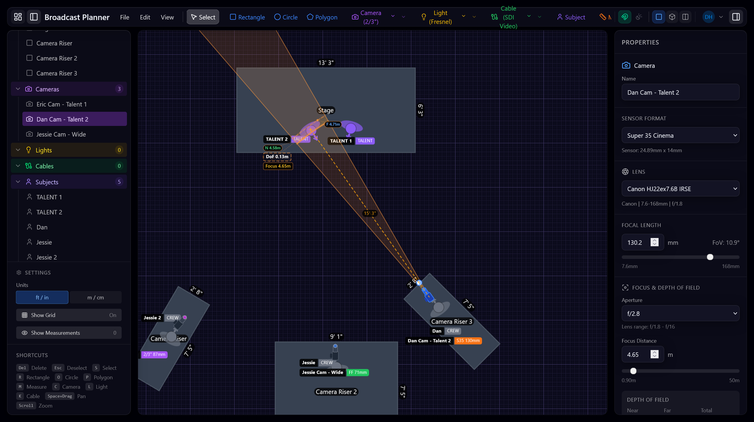 Camera Properties & Lens Planning screenshot